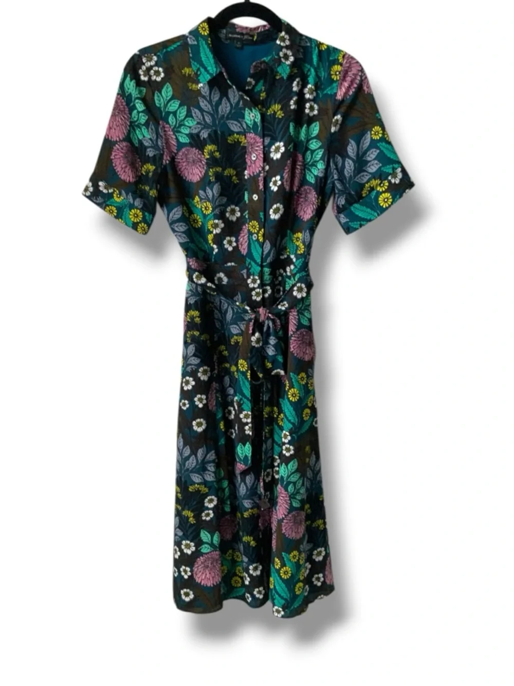 J. CREW X ABIGAIL BORG Shirt-Dress Midi Black Floral Teal Pink Blooms Size 4 - Picture 2 of 8